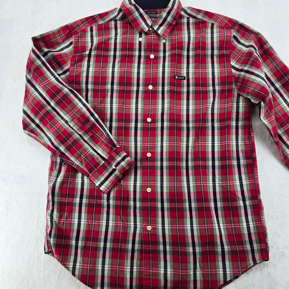 Chaps‎ Button Down Mens Medium Shirt Red Green Plaid Easy Care Long Sleeve
